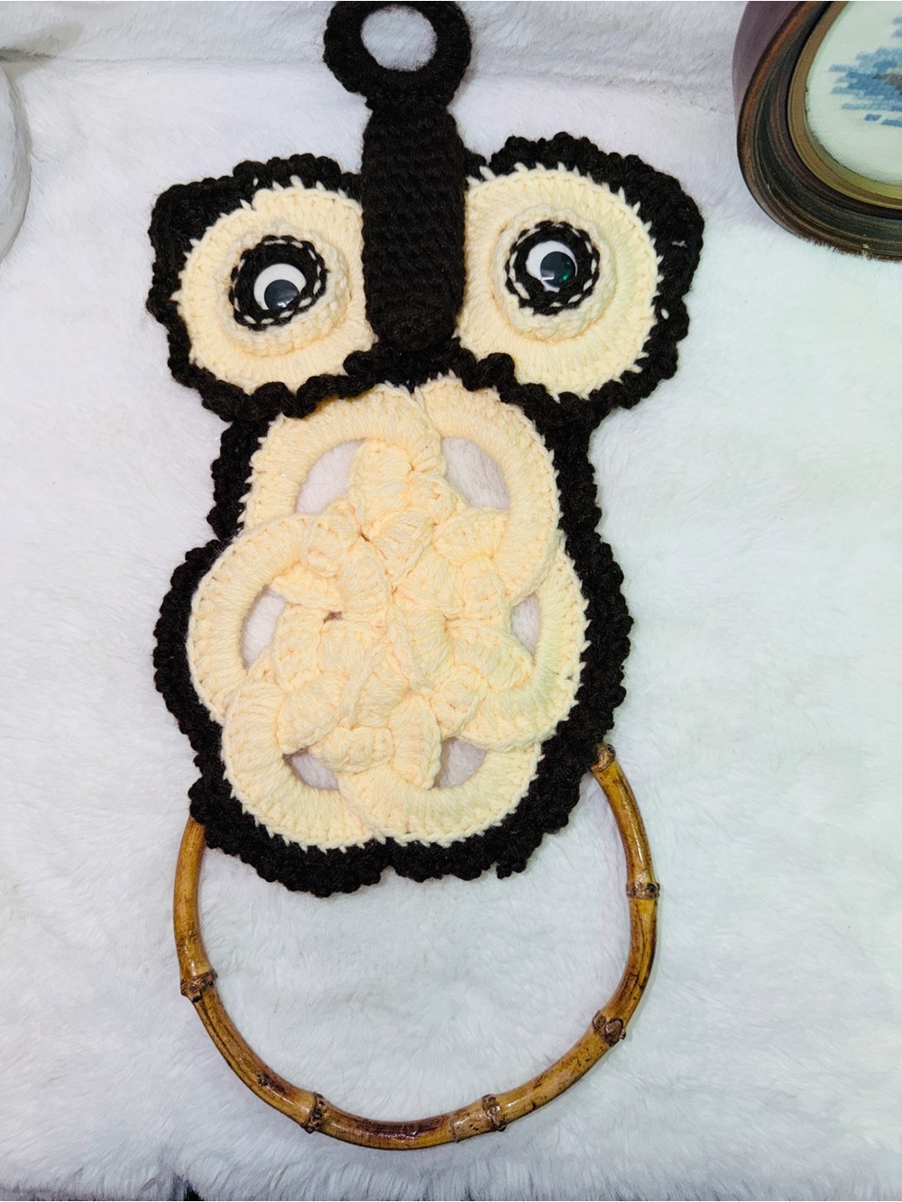 Handmade Boho Hippie Owl Crochet Hanging Towel Bamboo Holder Brown & Cream 🦉